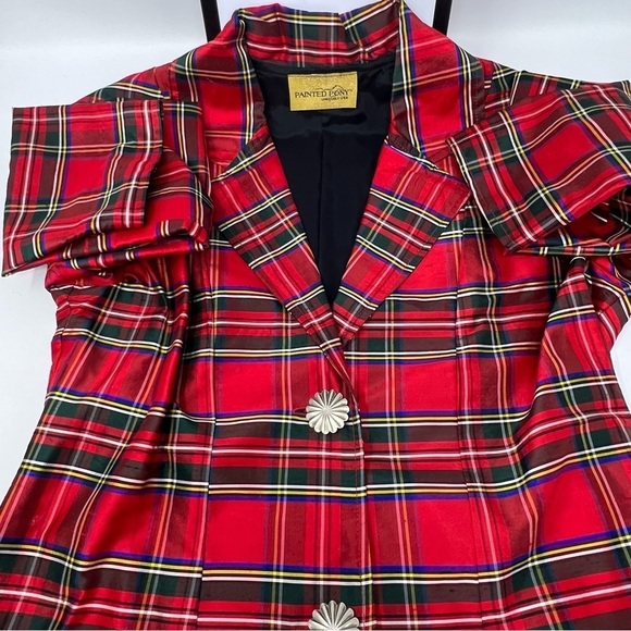 Vintage Painted Pony Red Tartan Plaid Silk Cropped Blazer Chunky Buttons Size 12 - Picture 11 of 16